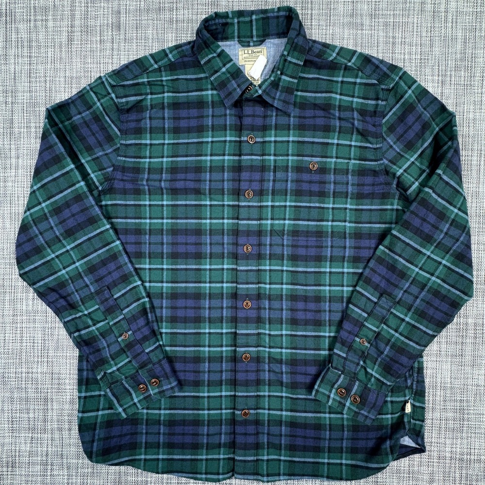 LL Bean Men's Medium Flannel Shirt Green Blue Plaid Stretch Traditional Fit